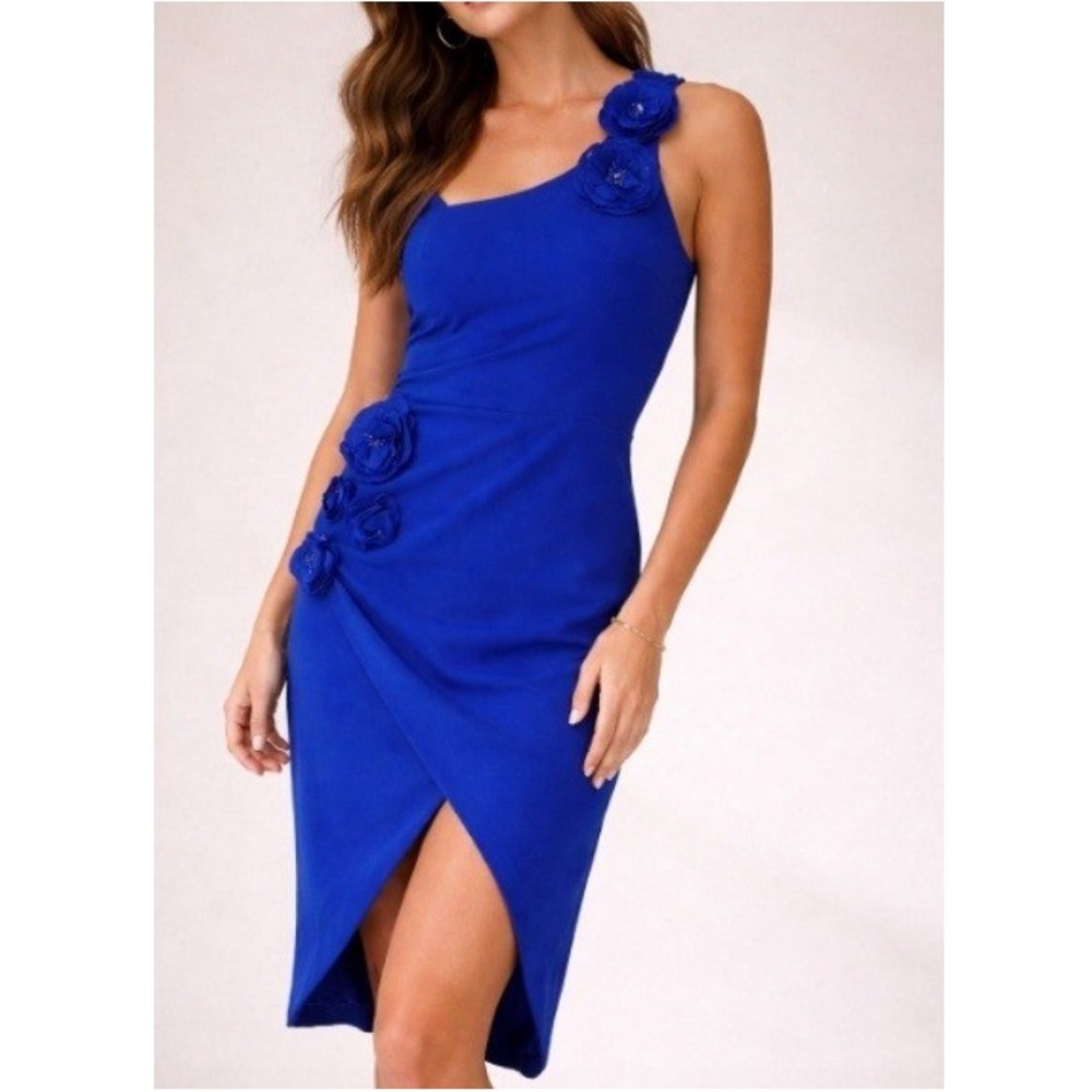 FEHAUTE Women's Blue One Shoulder Floral Applique Cocktail Midi Dress Size 8 NWT